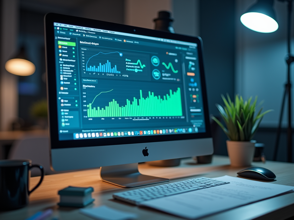Компьютерный монитор с графиками и аналитикой данных на столе в офисе ночью.